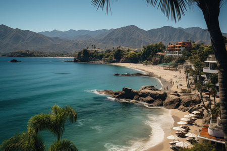 El Rodadero Beach White sands, crystal clear waters, mountains and palm trees., generative AIの素材