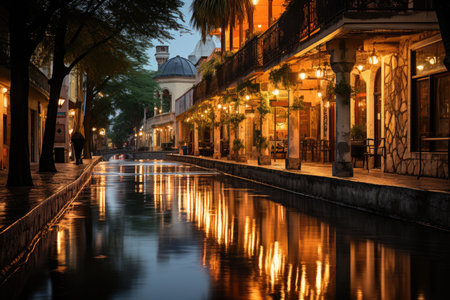 River Walk at night sidewalks by the river, restaurants and smooth light shops., generative AIの素材