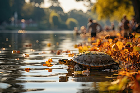 Golden turtle on Hoan Kiem lake, Hanoi., generative AIの素材