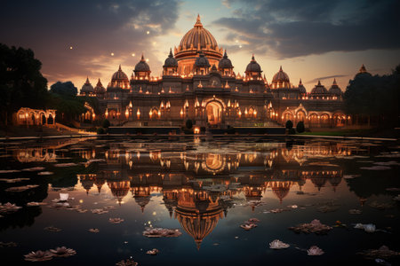 Akshardham Temple in New Delhi, India, serenely reflecting on a lake., generative AIの素材