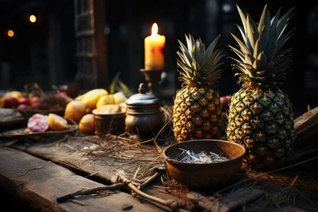 Fresh pineapple on kitchen table., generative AIの素材
