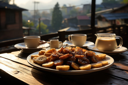Golden fried banana and coffee in street coffee., generative AIの素材