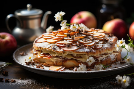 Apple cake with cinnamon and icing sugar., generative AIの素材