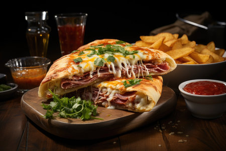 Golden calzone, juicy filling temptation of cheese and ham., generative AIの素材