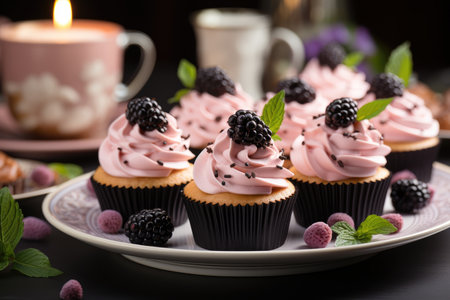 Blackberry cupcakes with whipped cream and fresh white blackberries., generative AIの素材