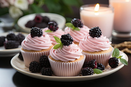 Blackberry cupcakes with whipped cream and fresh white blackberries., generative AIの素材