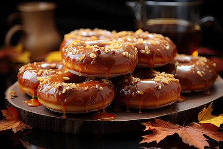 Maple Syruct Donuts in the autumn morning., generative AIの素材