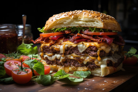 Perfectly mounted hamburger with fresh ingredients., generative AIの素材