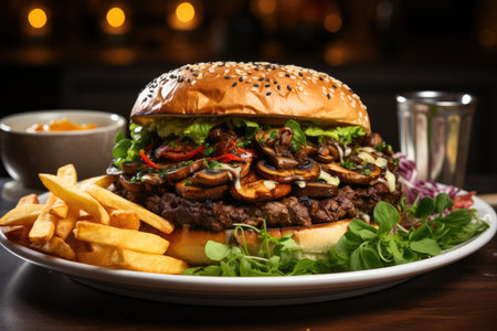 Vegan hamburger with mushrooms and highlighted lettuce., generative AIの素材