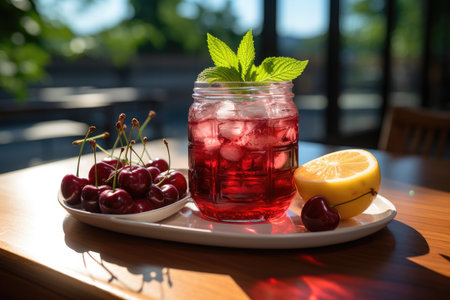 Jar of cold cherry juice on summer day., generative AIの素材