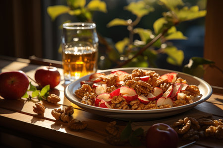 Outdoor snack dry apples, walnuts and water., generative AIの素材