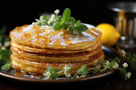 Golden pancakes with lemon and icing sugar., generative AIの素材