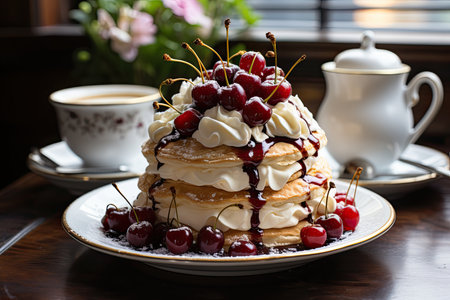 Cherry pancakes with whipped cream and coffee., generative AIの素材