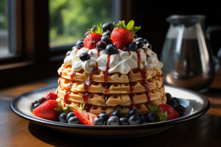 Waffles of oats and yogurt, covered with fresh fruits., generative AIの素材