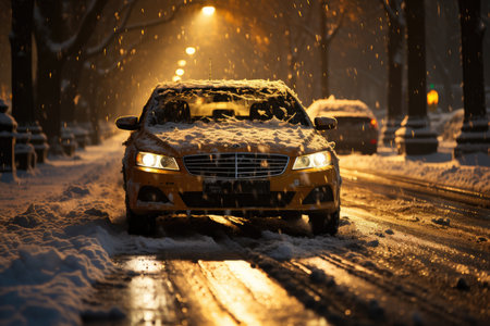 Yellow taxi piercing the snow in winter., generative AIの素材