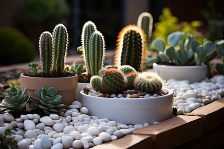 Modern garden with succulents and cacti in white vessels., generative AIの素材