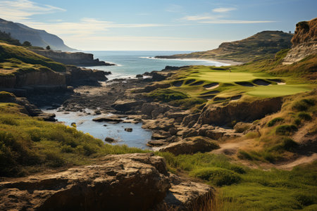 Overstrand, South Africa, Hermanus's golf course (Hermanus Golf Club), with panoramic views., generative AIの素材