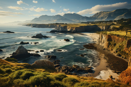 Overstrand, South Africa, Hermanus's golf course (Hermanus Golf Club), with panoramic views., generative AIの素材