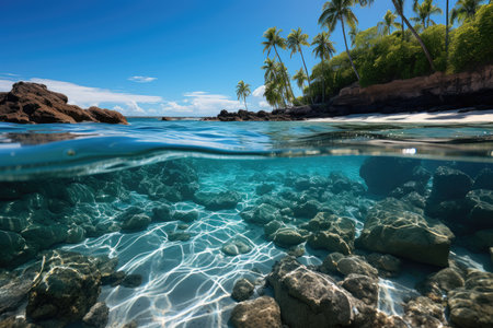 Beach in Hawaii white sand, crystal clear waters and palm trees in the wind., generative AIの素材