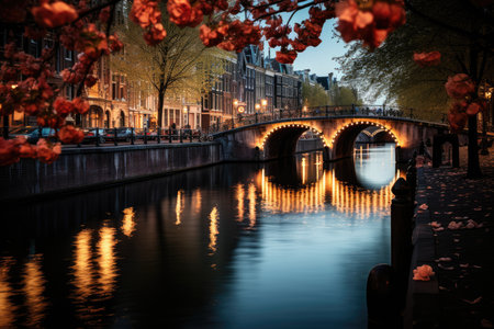 Amsterdam, the Netherlands, the Amsterdam channels, with their channel style homes and picturesque bridges., generative AIの素材
