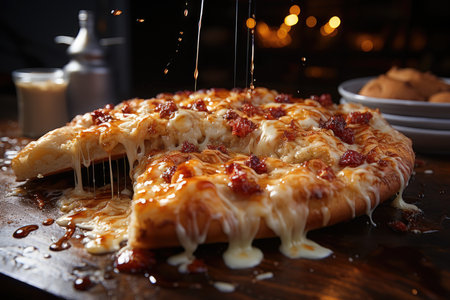 A slice of cheese pizza with melted cheese running over a kitchen counter., generative AIの素材