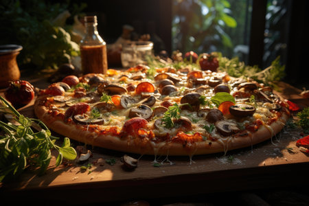 A pizza of mushrooms with fresh mushrooms and a bottom of forest., generative AIの素材