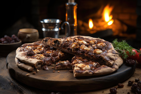 A chocolate cake pizza in a rustic coffee with a lit fireplace., generative AIの素材