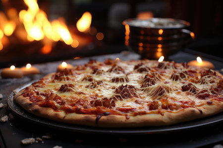 A pizza of cookies at a Christmas breakfast with a burning fireplace., generative AIの素材