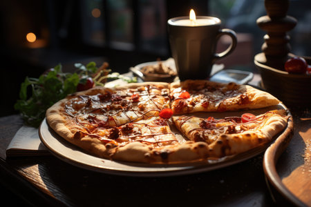 A chocolate cake pizza in a coffee bent coffee., generative AIの素材