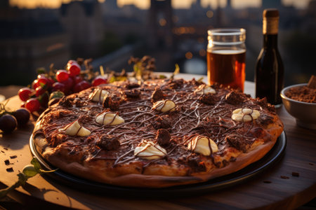 A chocolate cake pizza in a Parisian cafe overlooking the Eiffel Tower., generative AIの素材