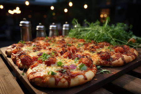 A garlic pizza at a picnic table during an outdoor concert., generative AIの素材