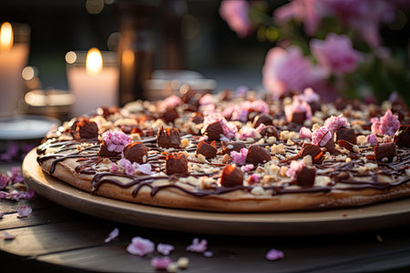 A chocolate cake pizza at a spring party with fresh flowers., generative AIの素材