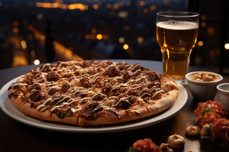 A chocolate cake pizza in a Parisian cafe overlooking the Eiffel Tower., generative AIの素材