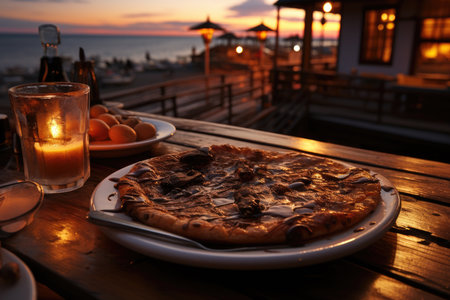 A chocolate cake pizza in a seaside cafe with seagulls flying., generative AIの素材