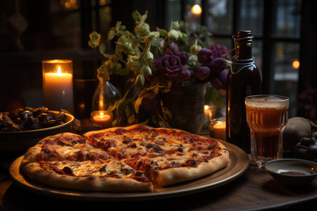 A chocolate cake pizza in a cozy coffee with a lit fireplace., generative AIの素材
