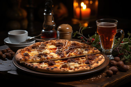 A chocolate cake pizza in a cozy coffee with a lit fireplace., generative AIの素材