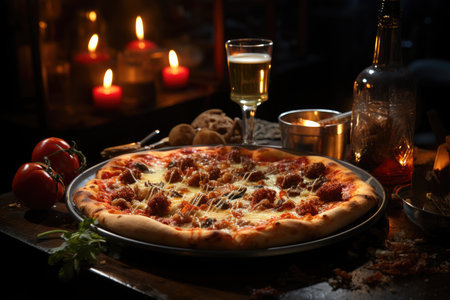 A pizza of meat in an excited snack bar with pool games., generative AIの素材