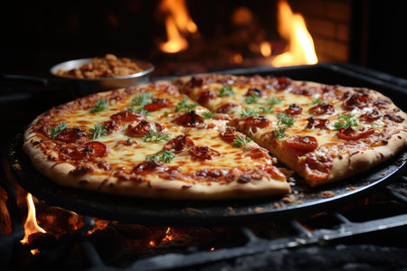 A pizza of cookies at a Christmas breakfast with a burning fireplace., generative AIの素材