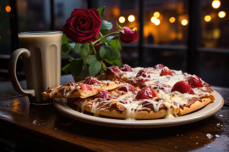 A strawberry cheesecake pizza in an outdoor cafe at night., generative AIの素材