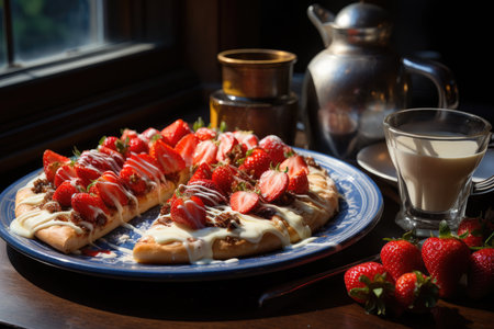 A strawberry cheesecake pizza in a Parisian coffee with stained glass., generative AIの素材