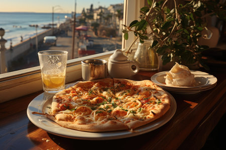 A pizza of lemon cream in a seaside restaurant overlooking the ocean., generative AIの素材