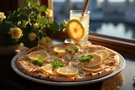 A pizza of lemon cream in a seaside restaurant overlooking the ocean., generative AIの素材