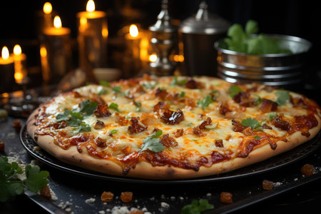 A pear pizza at a Christmas party with bright ornaments., generative AIの素材