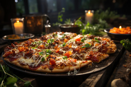 An apple crumble pizza at a farm party with wooden barn., generative AIの素材
