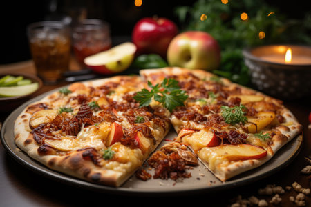 An apple pizza at a Christmas breakfast in front of the tree., generative AIの素材