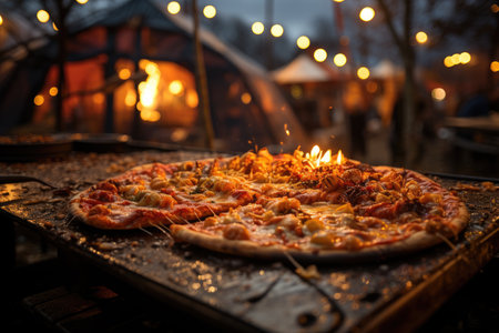 An apple crumble pizza on a fall fair with tents., generative AIの素材