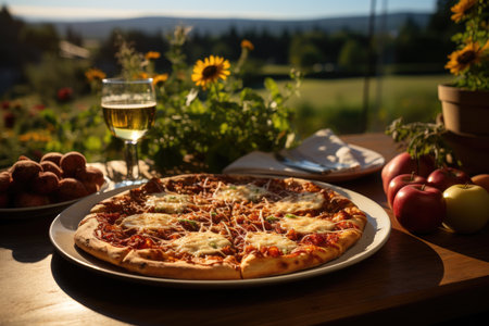 An apple crumble pizza in a coffee shop overlooking a sunflower field., generative AIの素材
