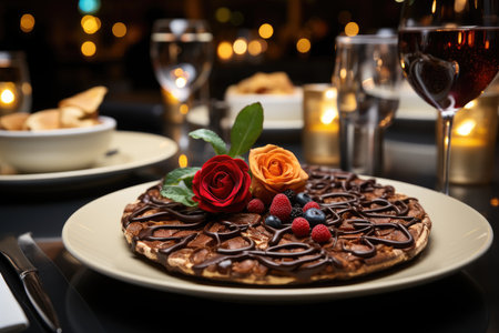 A chocolate pave pizza in an Art Deco-style restaurant., generative AIの素材