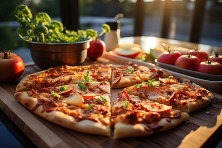 An apple crumble pizza at a family breakfast on the porch., generative AIの素材