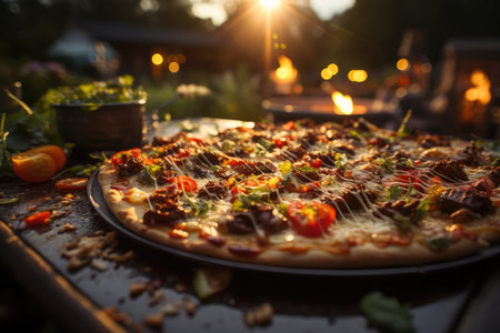 A gelatin pizza at a summer party with barbecue and pool., generative AIの素材